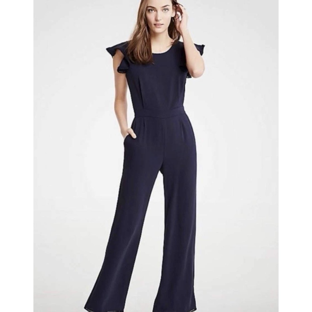 Ann Taylor Jumpsuit Womens 2 Blue Short Sleeve Ruffle Trim Wide Leg Pockets